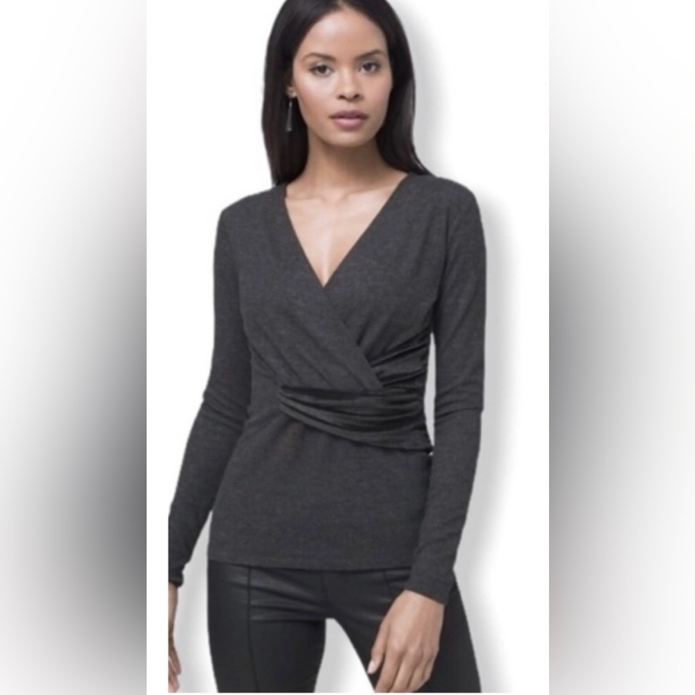 White House Black Market Gray Wrap Top w/ Velvet Detail Size S NWT - Picture 2 of 8